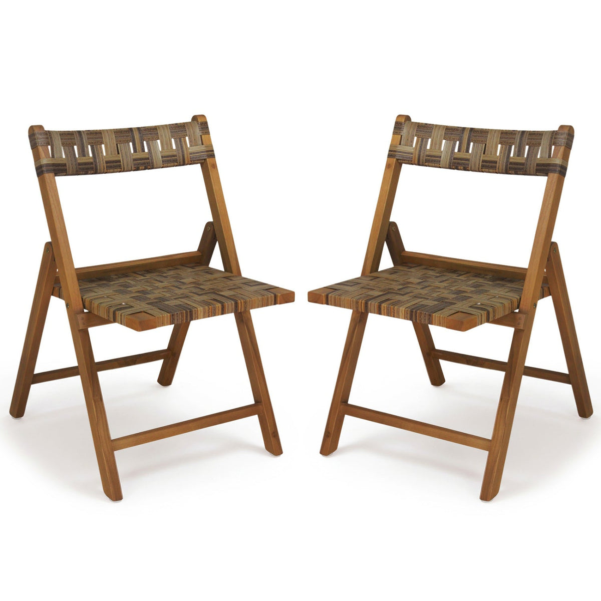 Teak Folding Patio Chairs Set of 2 with Woven Rattan 3