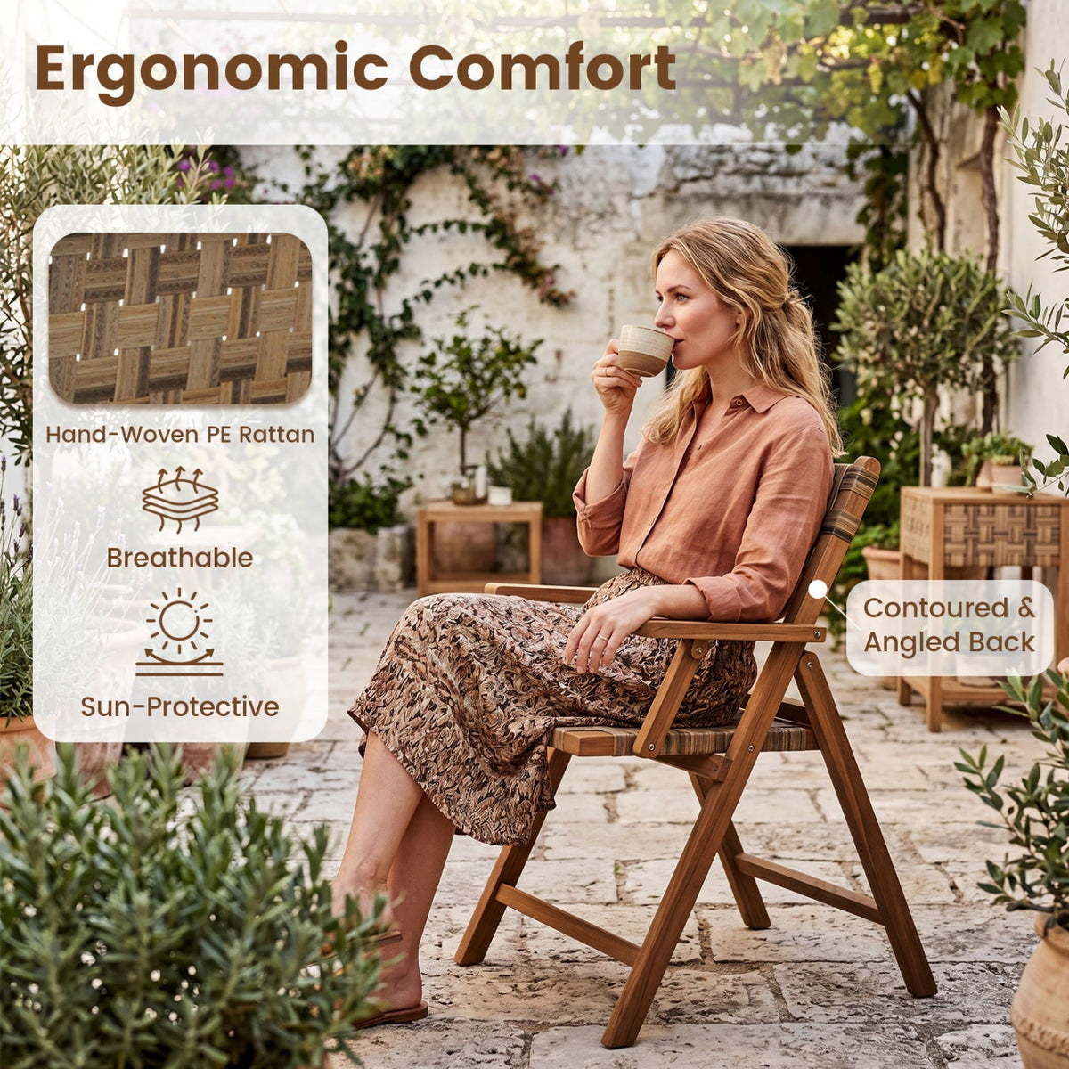 Teak Folding Patio Chairs Set of 2 with Woven Rattan 6