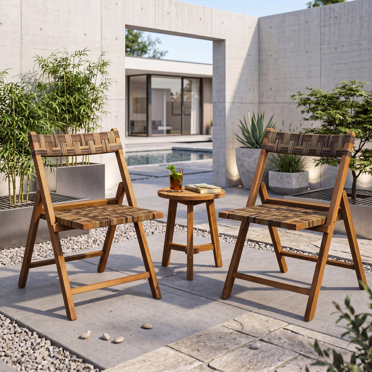 Teak Folding Patio Chairs Set of 2 with Woven Rattan 1