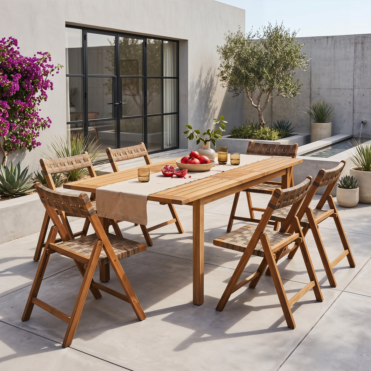 Teak Folding Patio Chairs Set of 2 with Woven Rattan 2