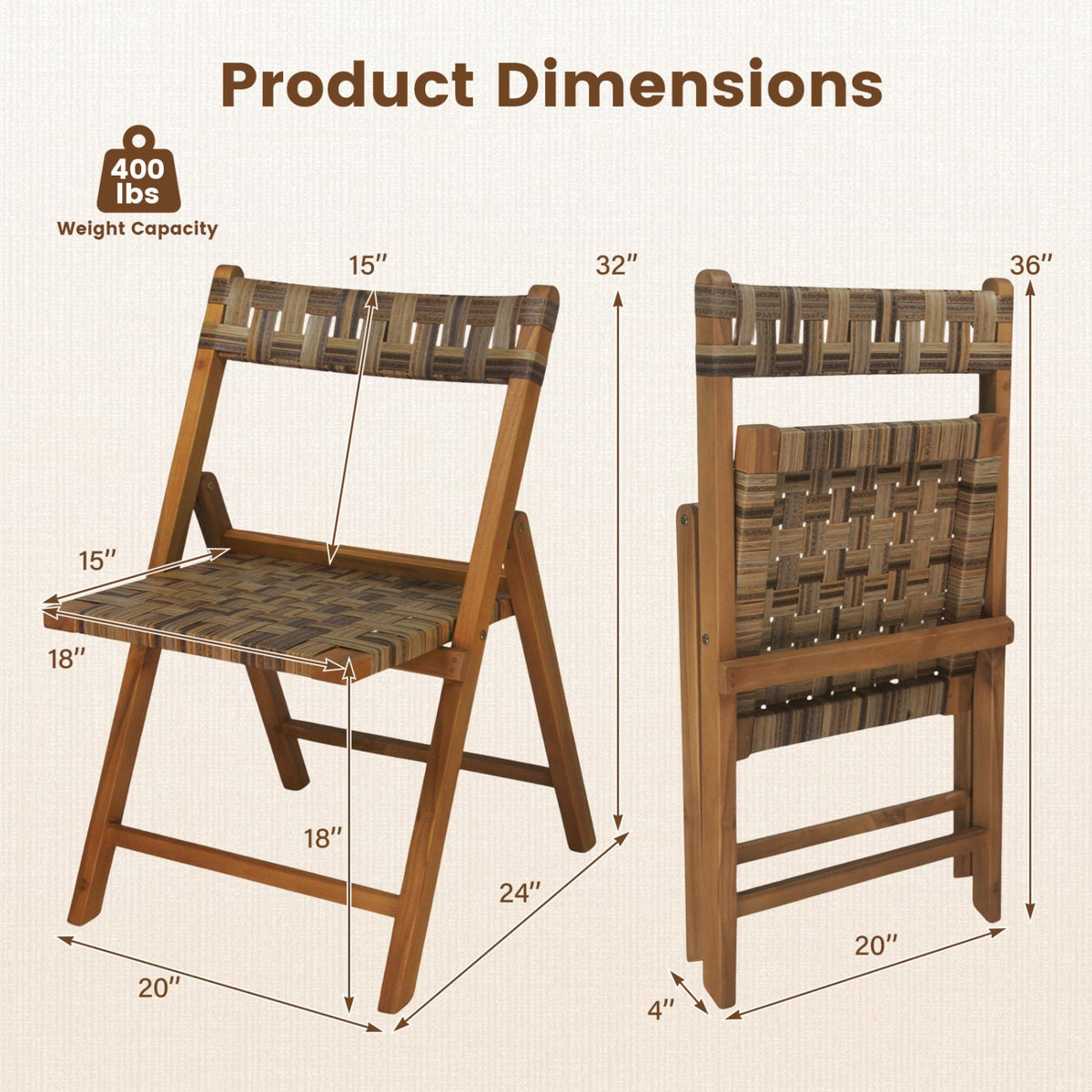 Teak Folding Patio Chairs Set of 2 with Woven Rattan 4