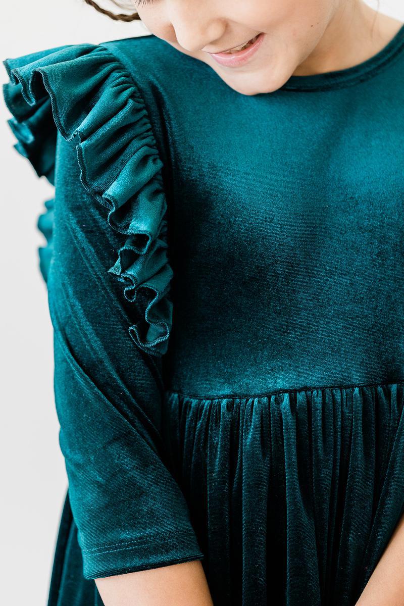 Teal Velvet Ruffle Twirl Dress 2
