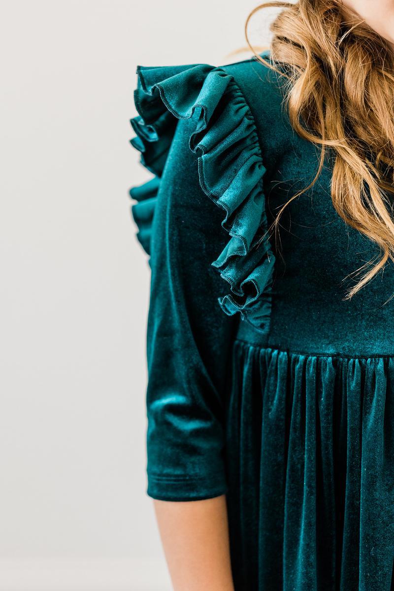 Teal Velvet Ruffle Twirl Dress 3