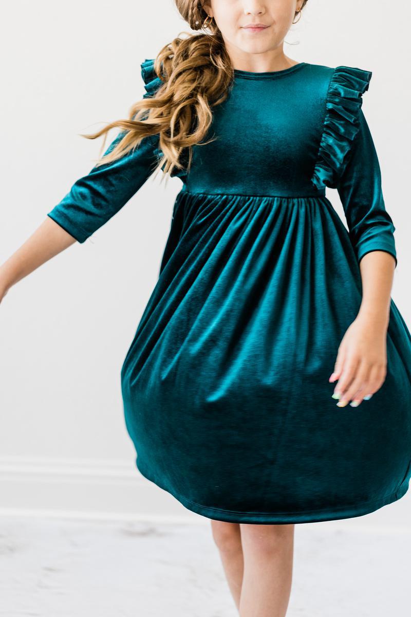 Teal Velvet Ruffle Twirl Dress 1
