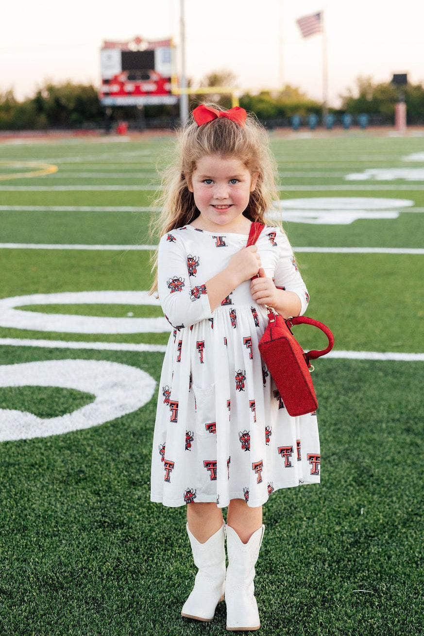 Texas Tech White Raider Red 3/4 Sleeve Pocket Twirl Dress 1