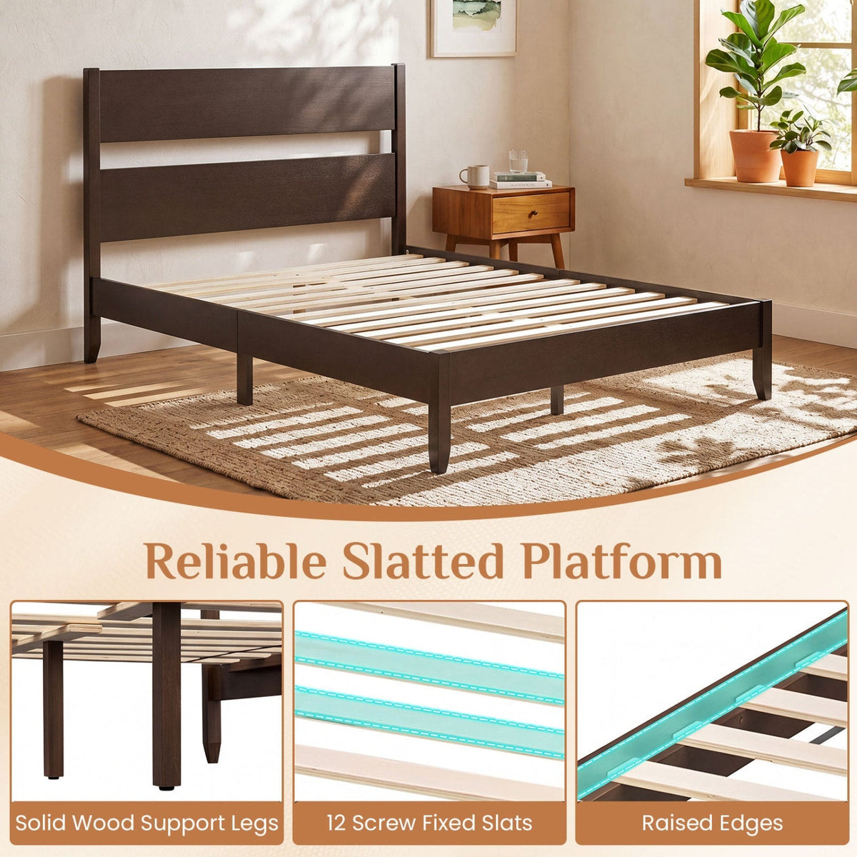 Full Bed Frame with Headboard and Solid Wood Legs 15