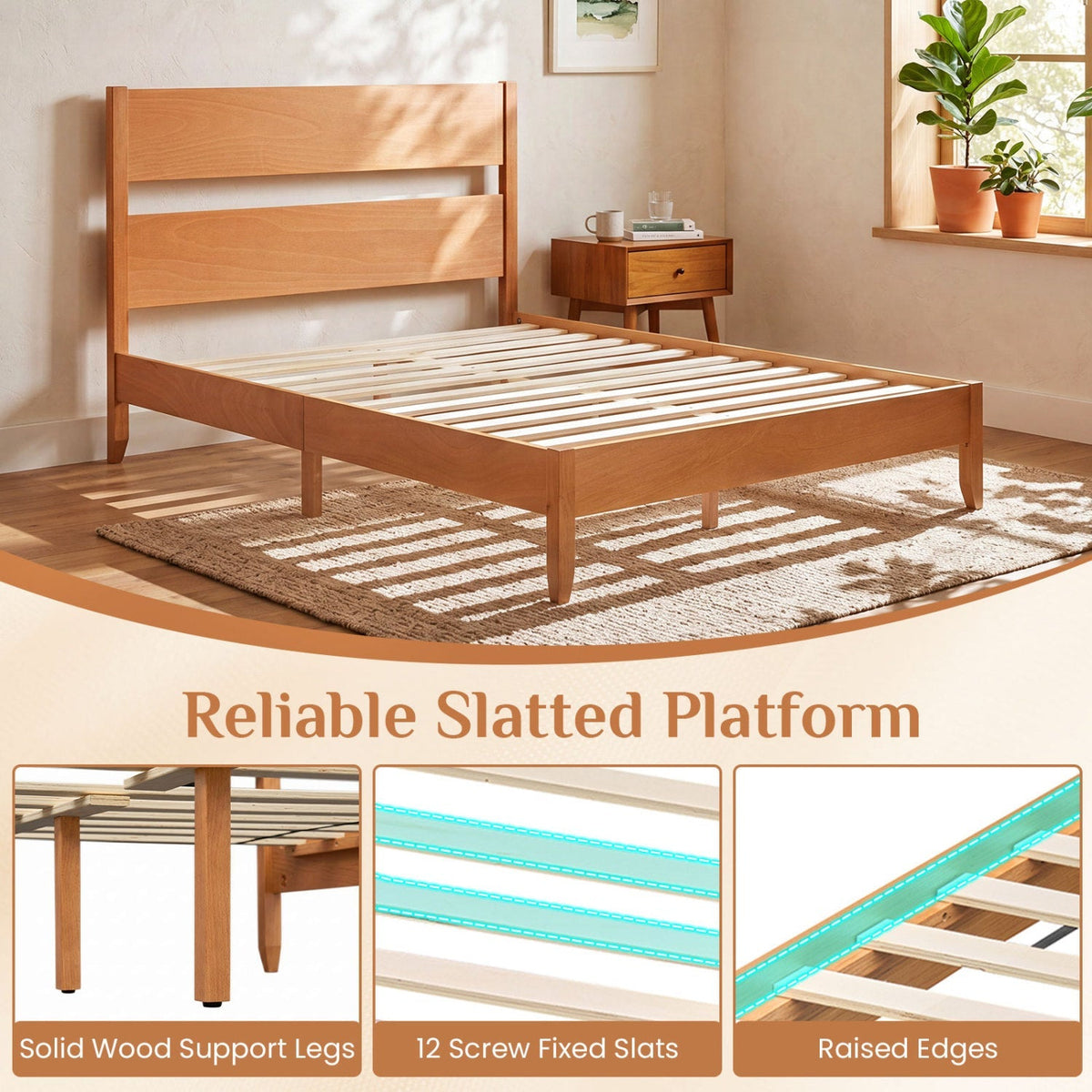 Full Bed Frame with Headboard and Solid Wood Legs 7