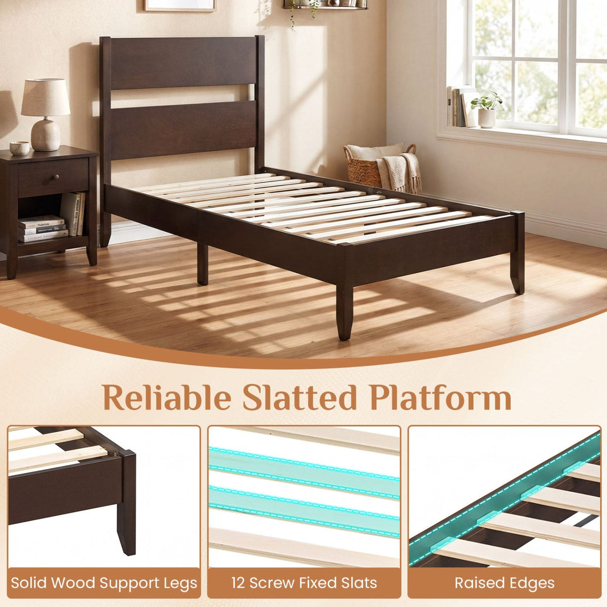 Twin Bed Frame with Headboard and Solid Wood Legs 15