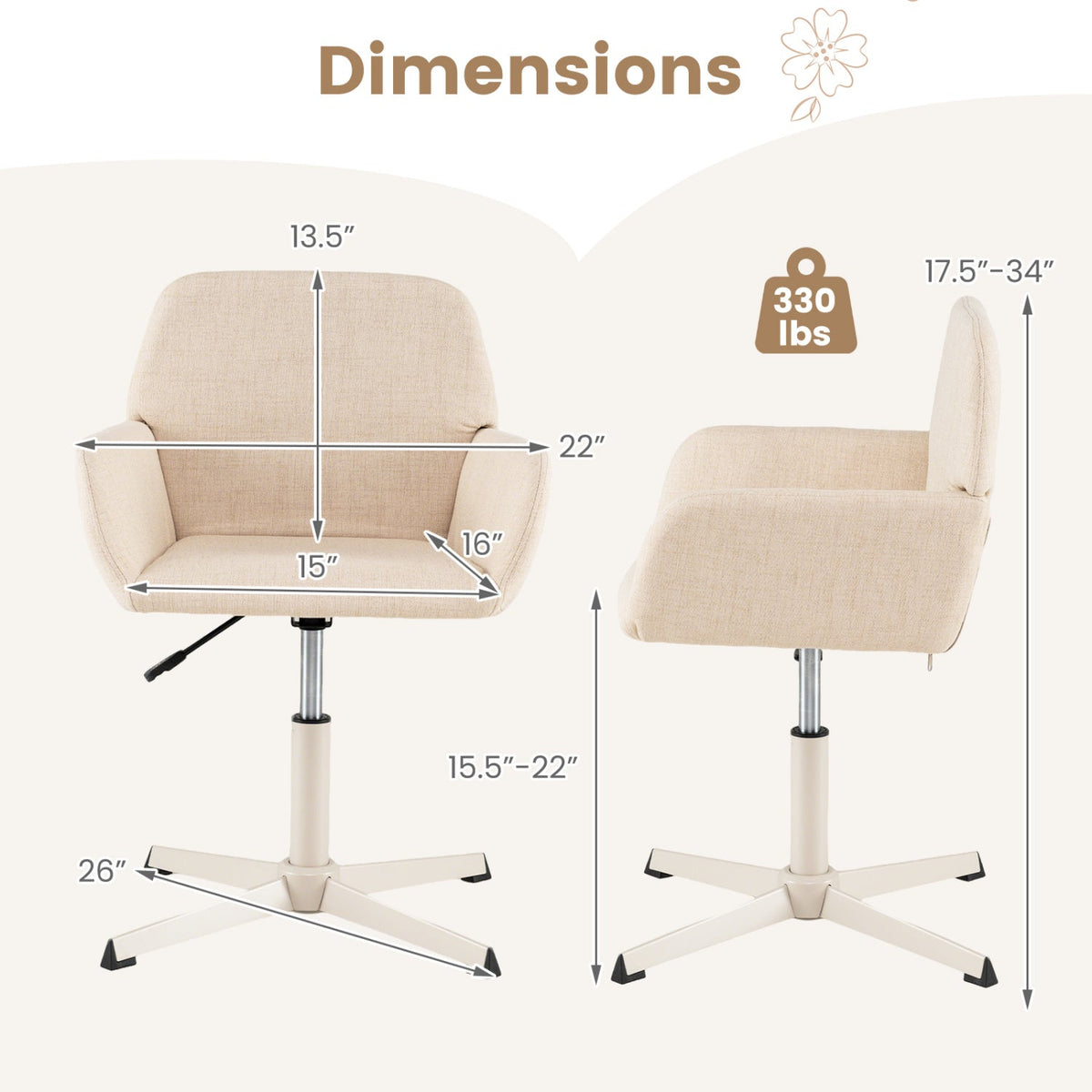 Swivel Vanity Chair with Adjustable Height and Back Support 4