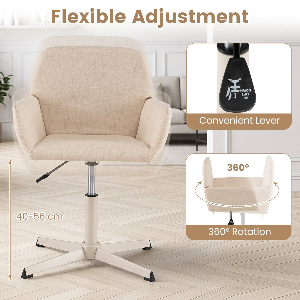 Swivel Vanity Chair with Adjustable Height and Back Support 5