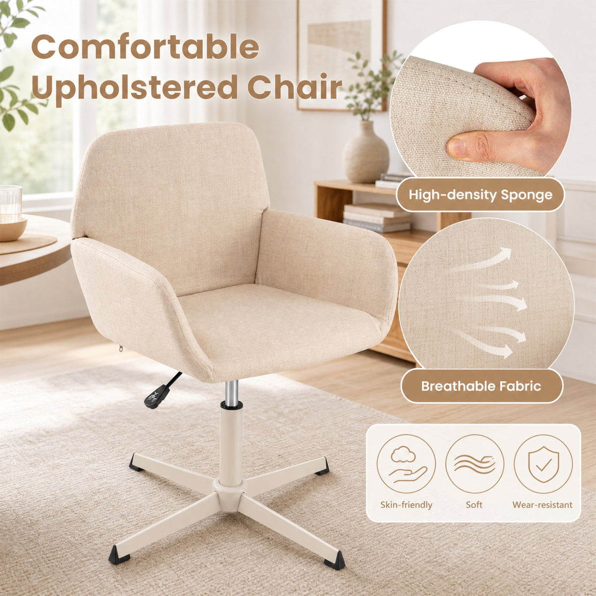 Swivel Vanity Chair with Adjustable Height and Back Support 6