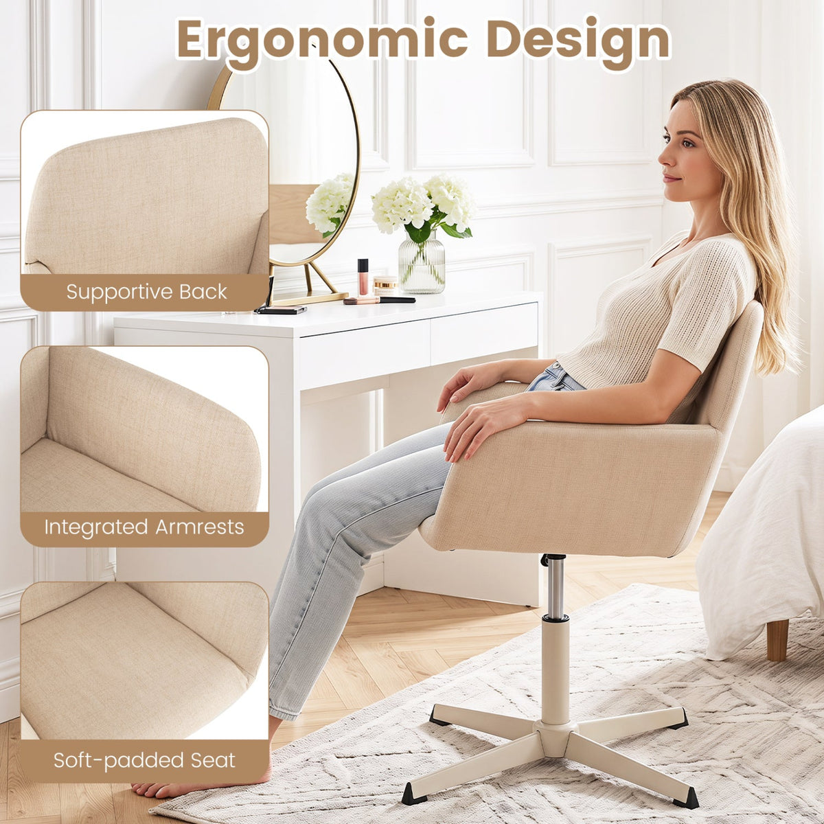 Swivel Vanity Chair with Adjustable Height and Back Support 7