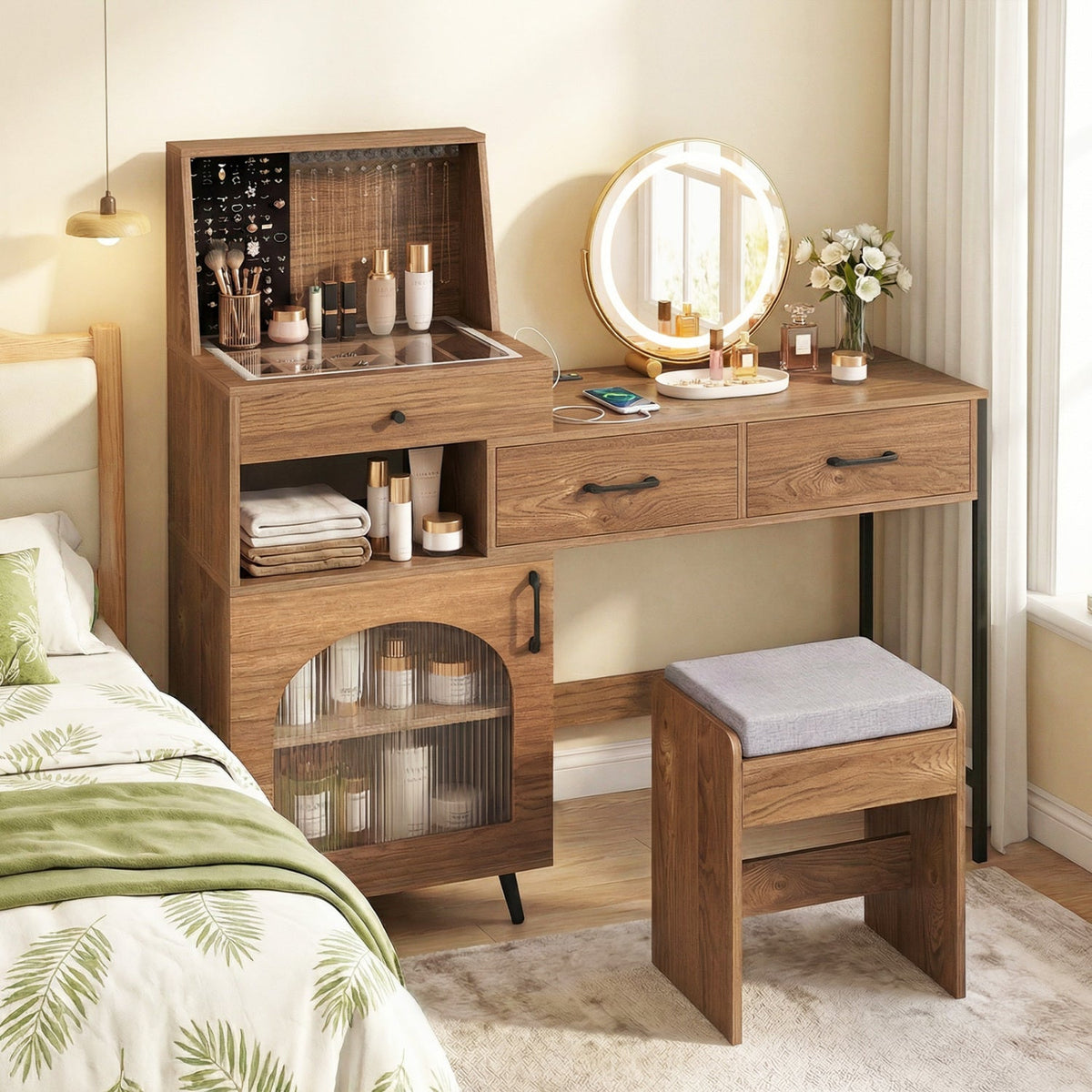 Vanity Desk with Lighted Mirror & Jewelry Storage 1