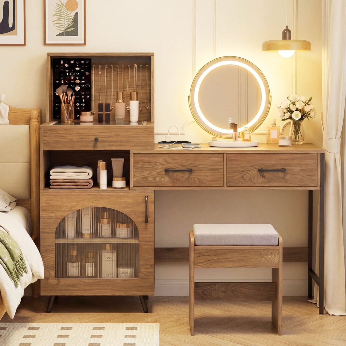 Vanity Desk with Lighted Mirror & Jewelry Storage 2