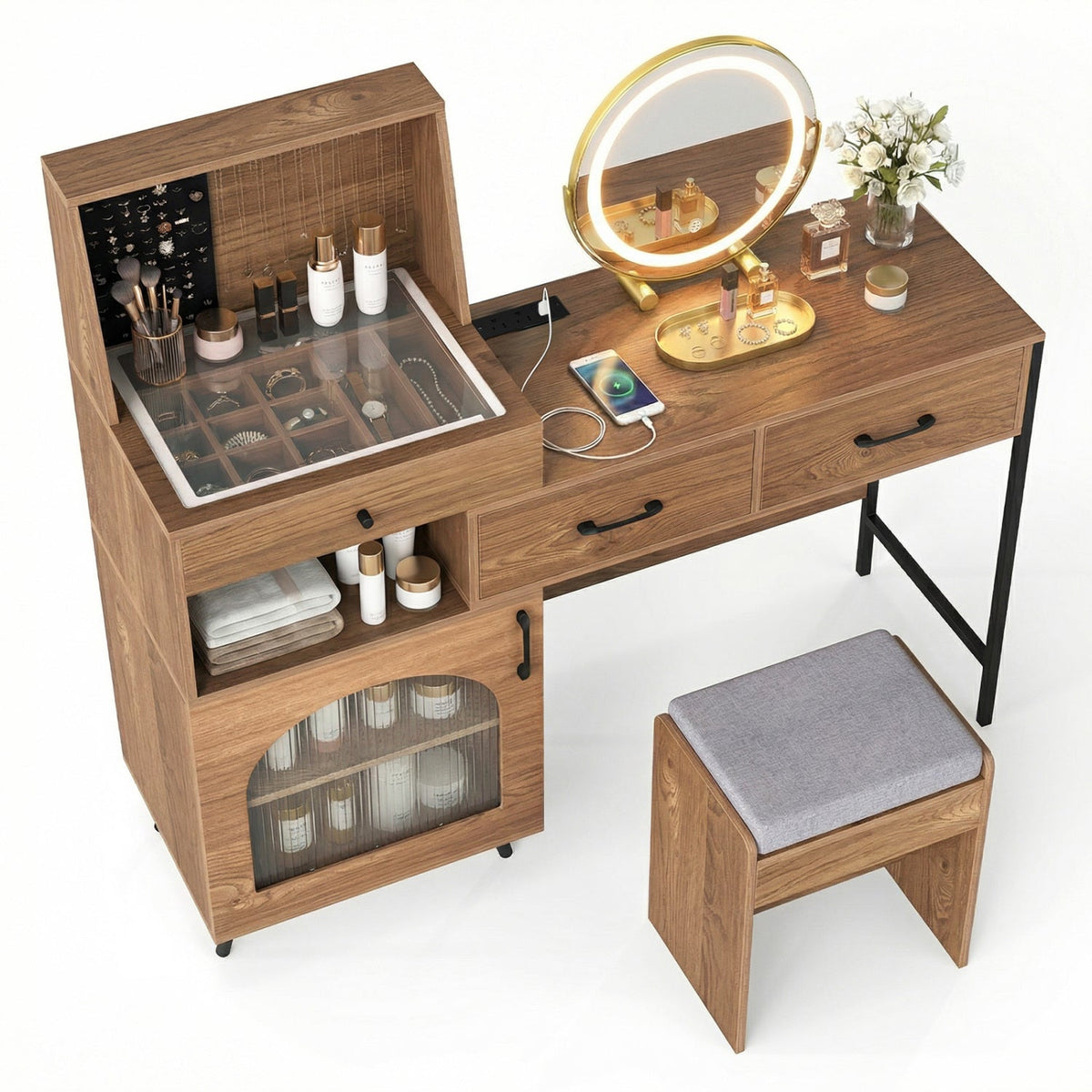 Vanity Desk with Lighted Mirror & Jewelry Storage 3