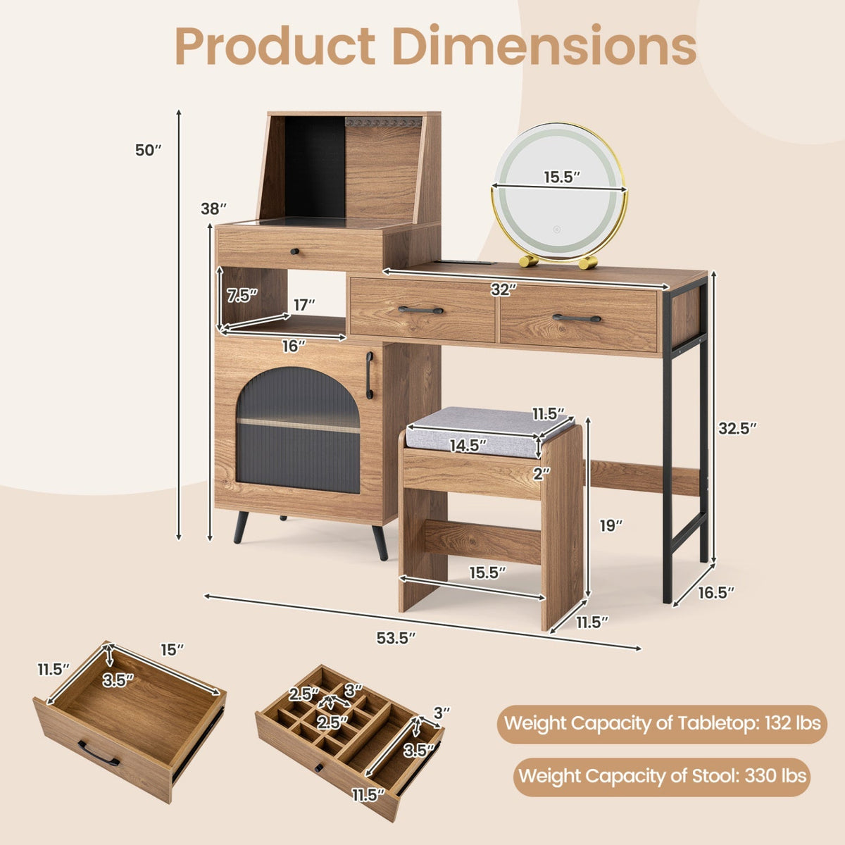 Vanity Desk with Lighted Mirror & Jewelry Storage 4