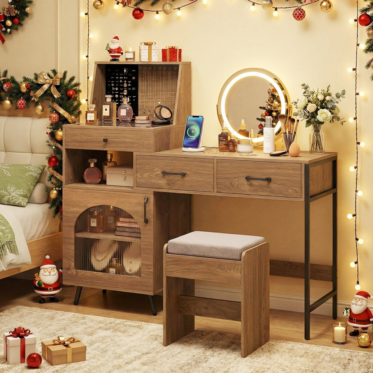 Vanity Desk with Lighted Mirror & Jewelry Storage 5