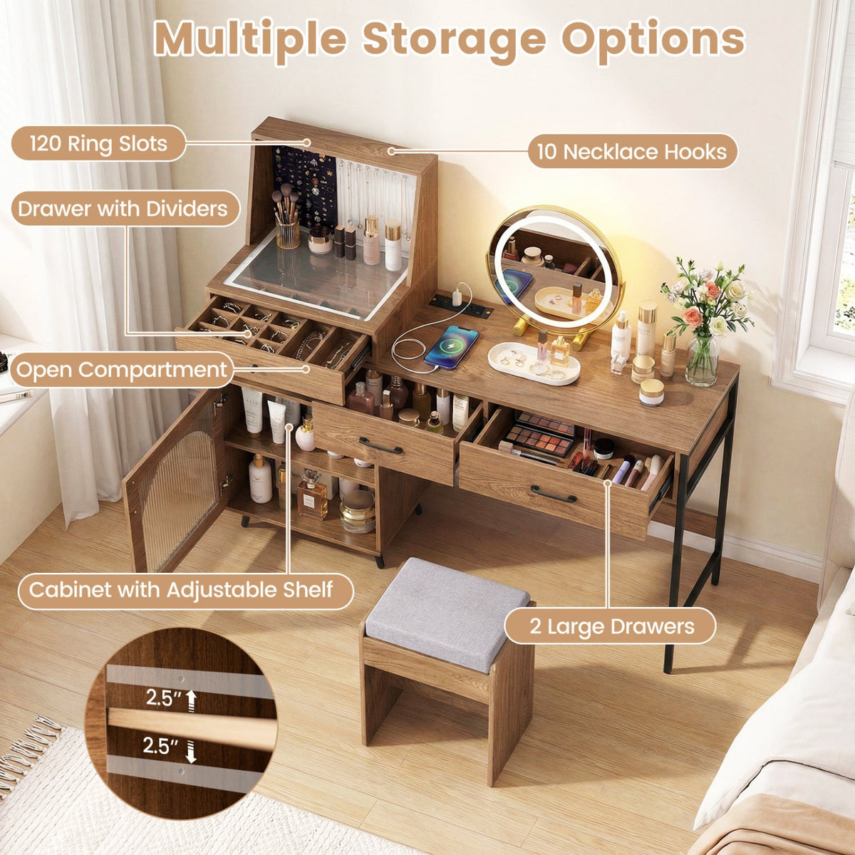 Vanity Desk with Lighted Mirror & Jewelry Storage 6