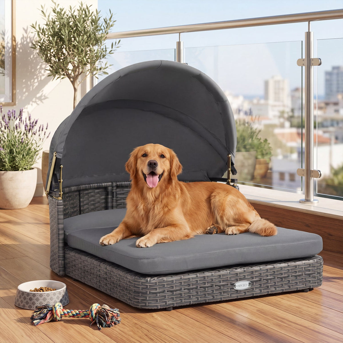 Wicker Dog House with Adjustable Canopy & Cushions 2