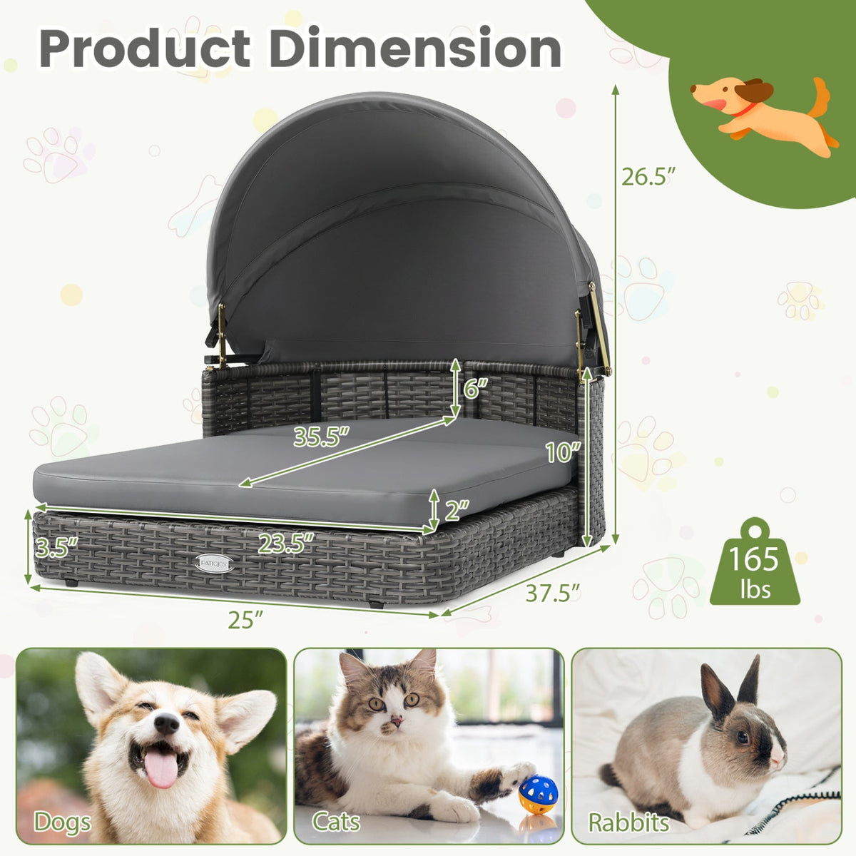 Wicker Dog House with Adjustable Canopy & Cushions 5