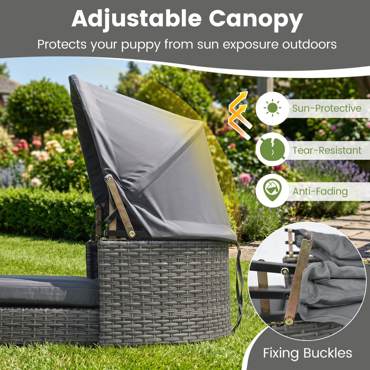 Wicker Dog House with Adjustable Canopy & Cushions 6