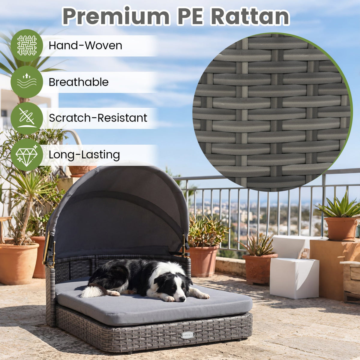 Wicker Dog House with Adjustable Canopy & Cushions 7