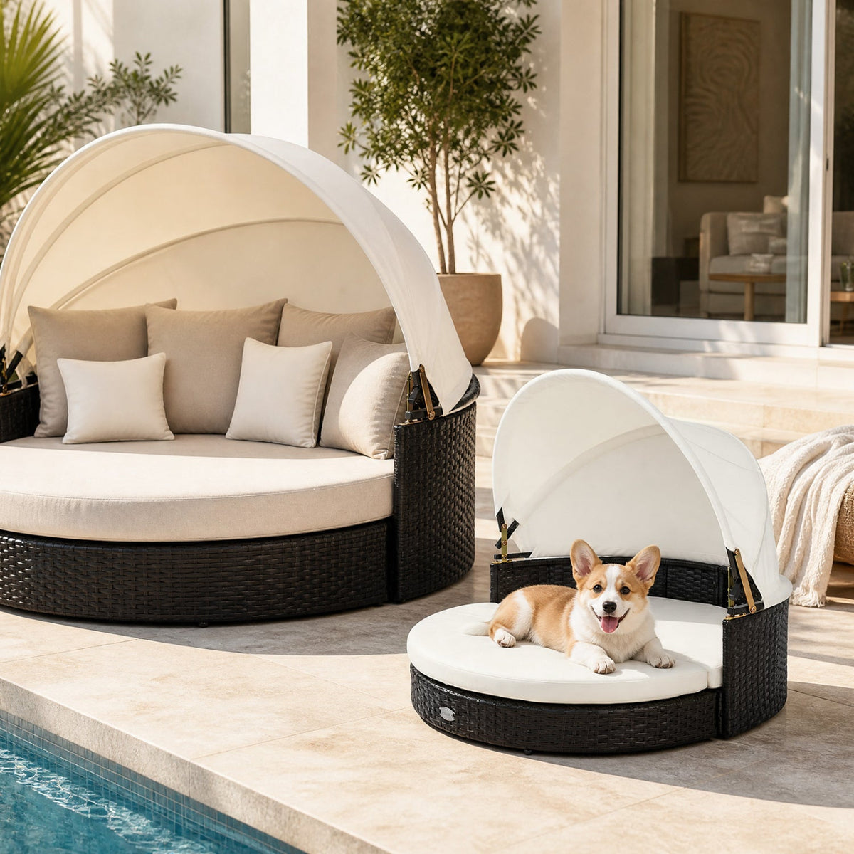 Wicker Dog House with Retractable Canopy & Cushion 2