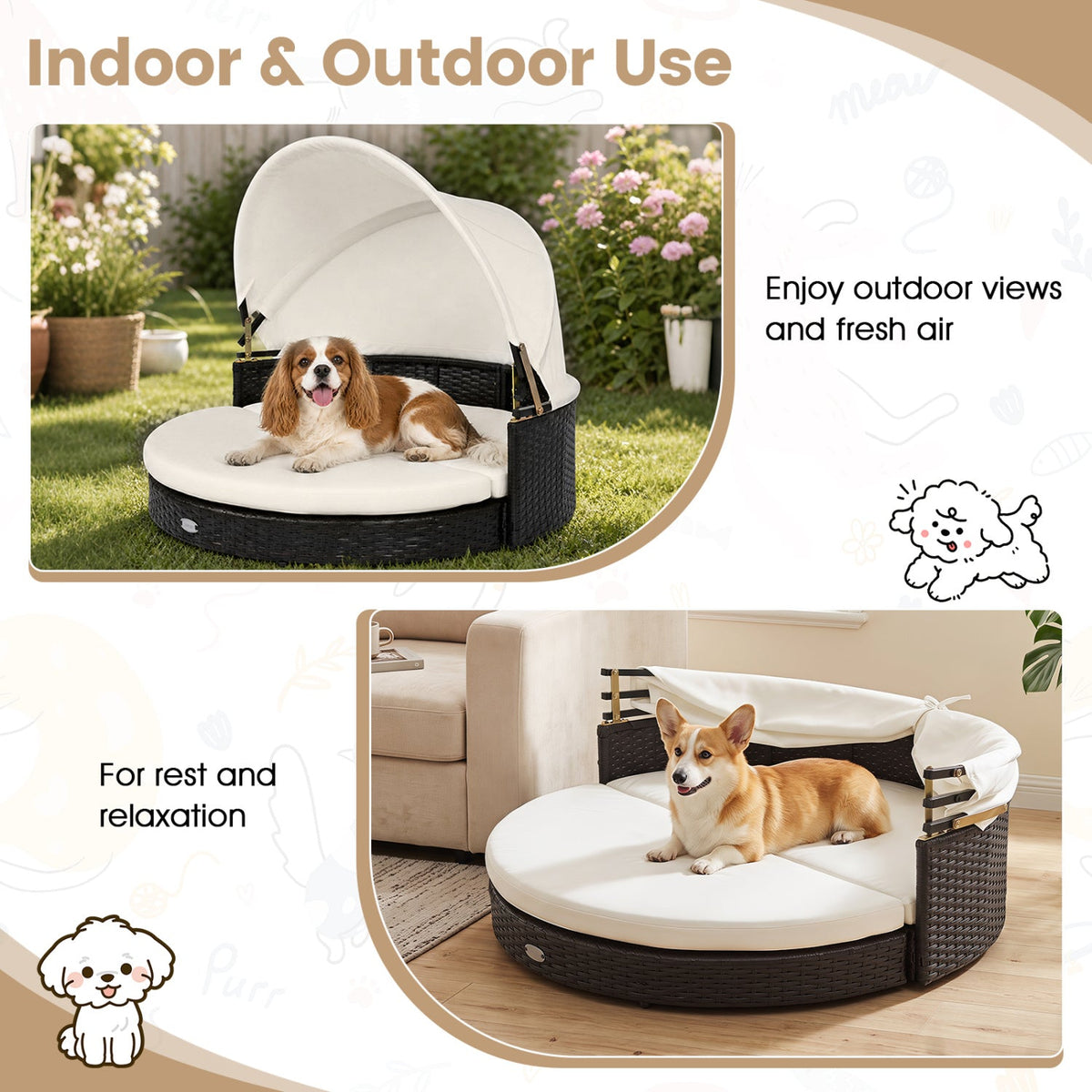 Wicker Dog House with Retractable Canopy & Cushion 6