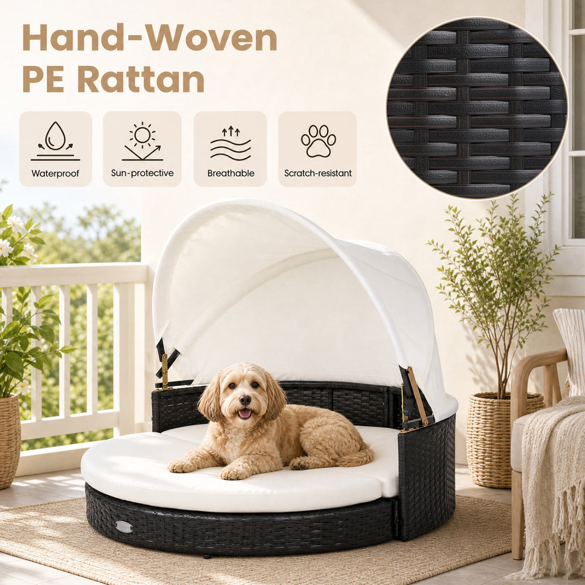 Wicker Dog House with Retractable Canopy & Cushion 7