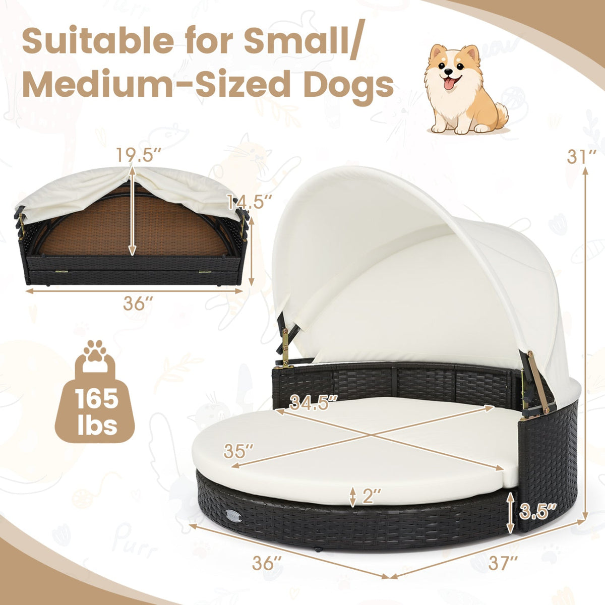 Wicker Dog House with Retractable Canopy & Cushion 5