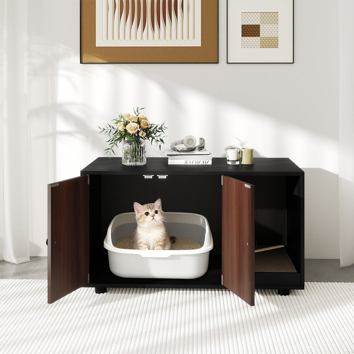 Wooden Cat Litter Box Enclosure Hidden Litter Box Furniture with Scratching Board 5