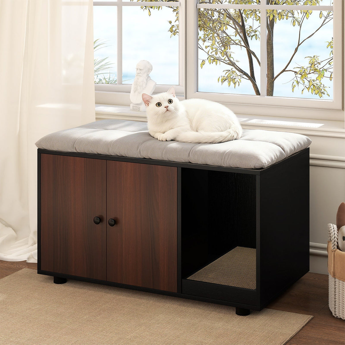 Wooden Cat Litter Box Enclosure Hidden Litter Box Furniture with Scratching Board 3