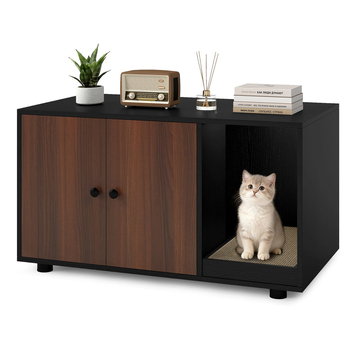 Wooden Cat Litter Box Enclosure Hidden Litter Box Furniture with Scratching Board 8
