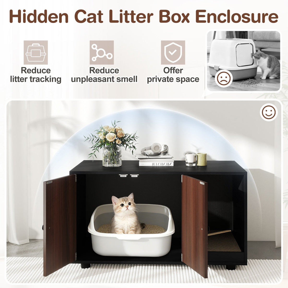 Wooden Cat Litter Box Enclosure Hidden Litter Box Furniture with Scratching Board 18