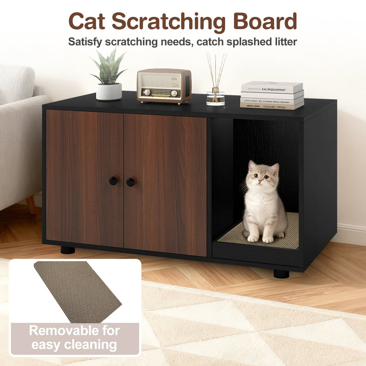 Wooden Cat Litter Box Enclosure Hidden Litter Box Furniture with Scratching Board 21
