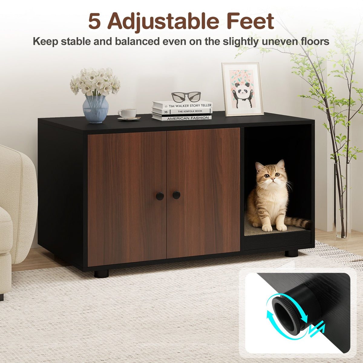 Wooden Cat Litter Box Enclosure Hidden Litter Box Furniture with Scratching Board 24