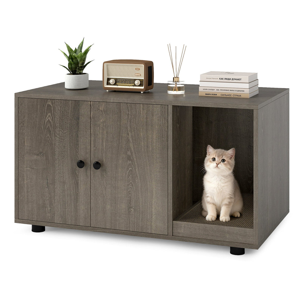 Wooden Cat Litter Box Enclosure Hidden Litter Box Furniture with Scratching Board 9