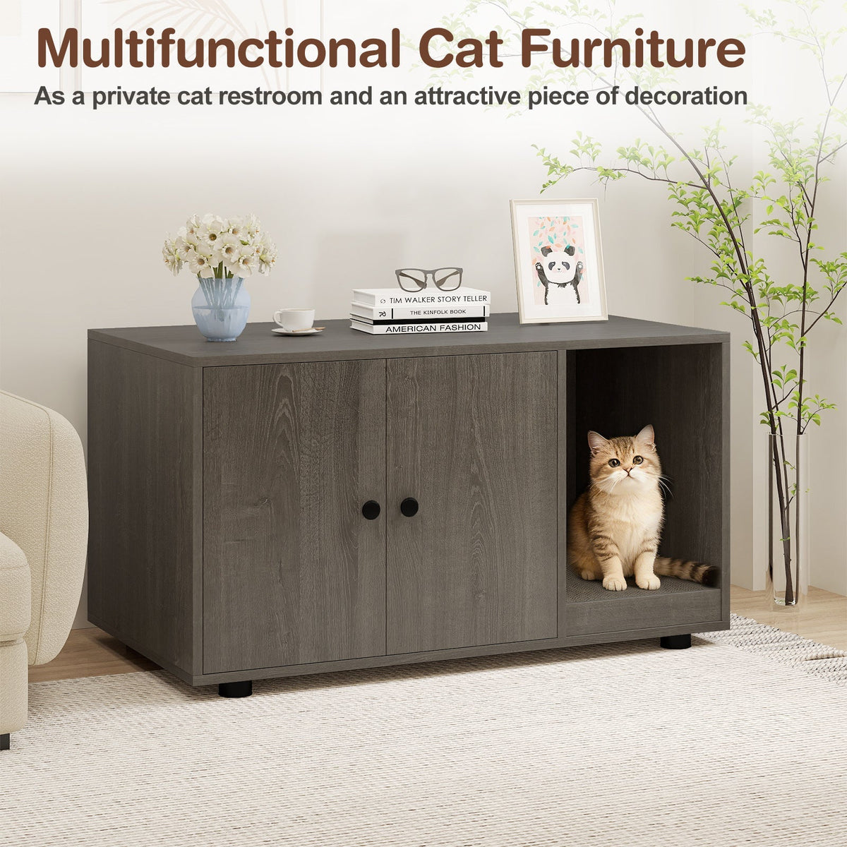 Wooden Cat Litter Box Enclosure Hidden Litter Box Furniture with Scratching Board 14