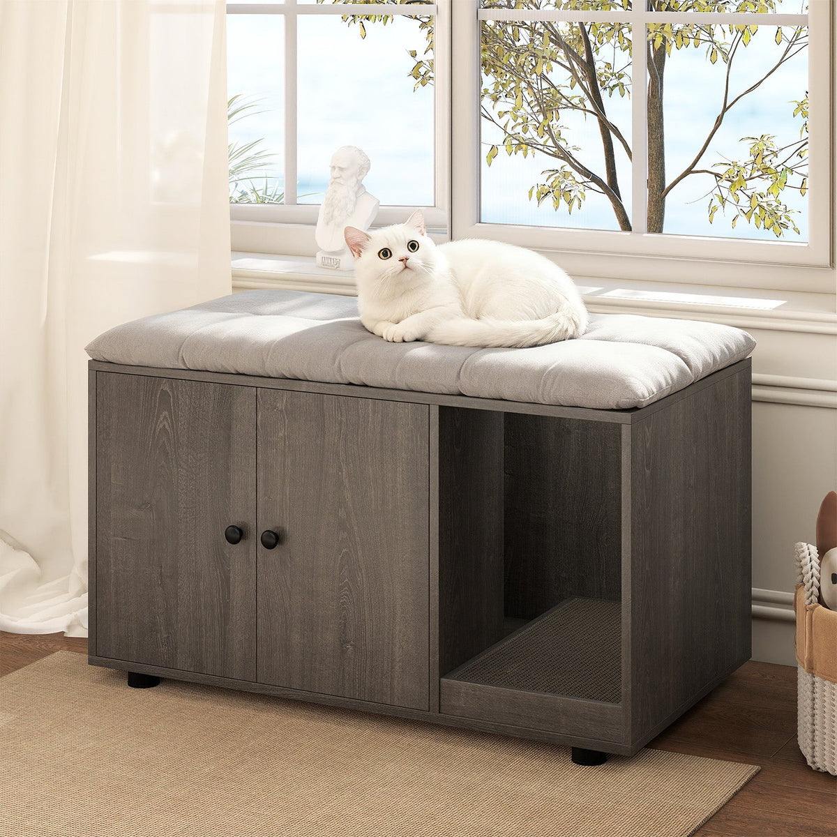 Wooden Cat Litter Box Enclosure Hidden Litter Box Furniture with Scratching Board 2