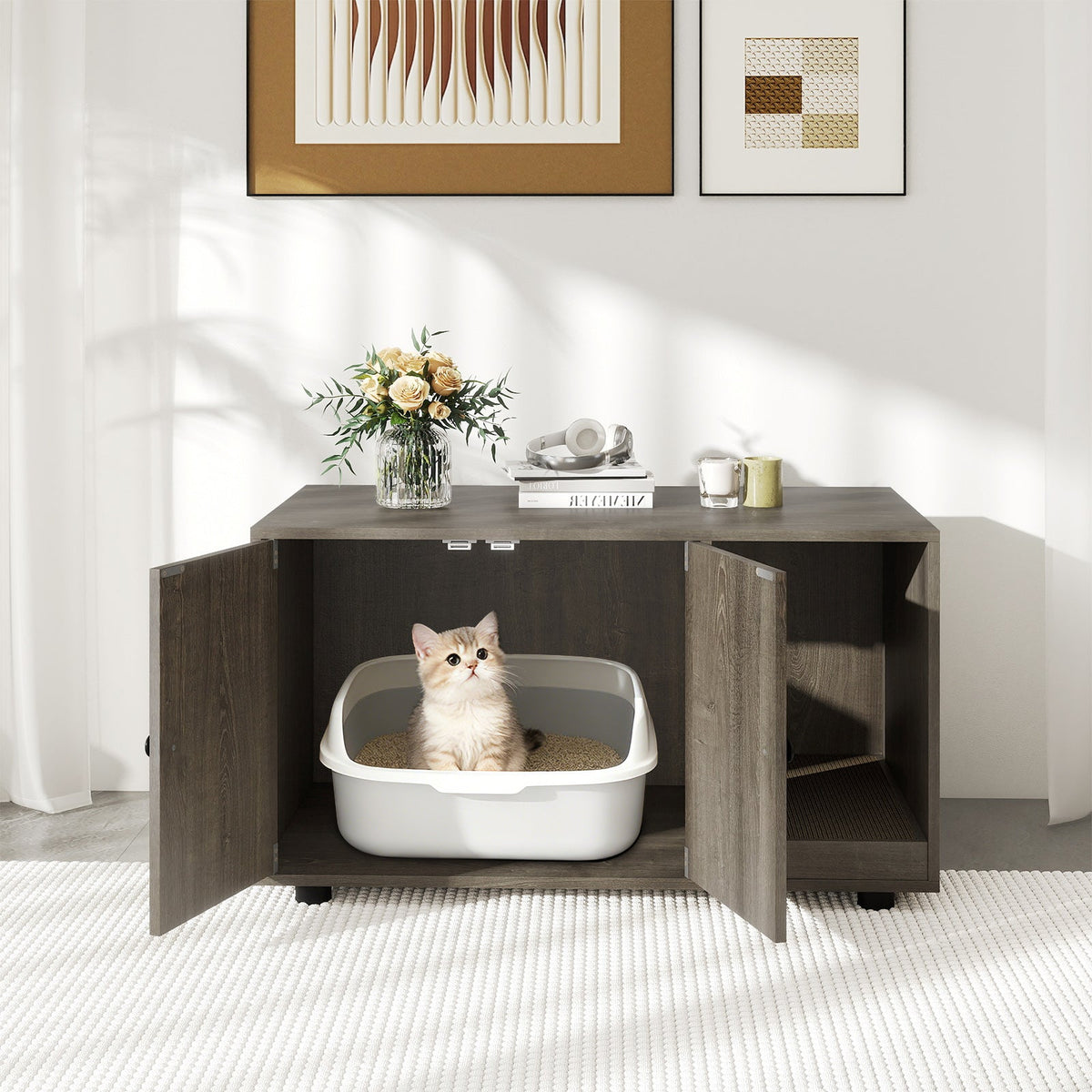 Wooden Cat Litter Box Enclosure Hidden Litter Box Furniture with Scratching Board 6