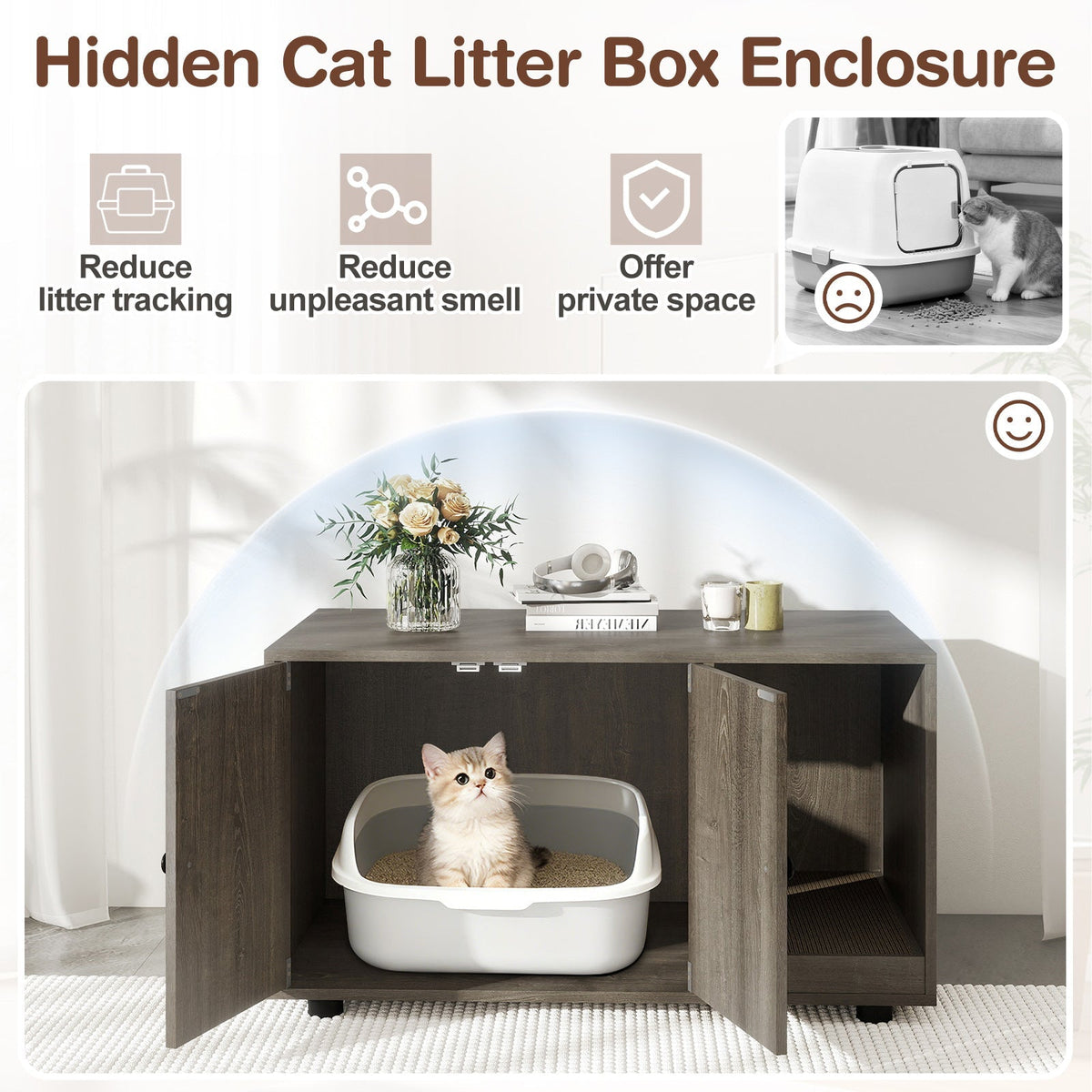 Wooden Cat Litter Box Enclosure Hidden Litter Box Furniture with Scratching Board 16