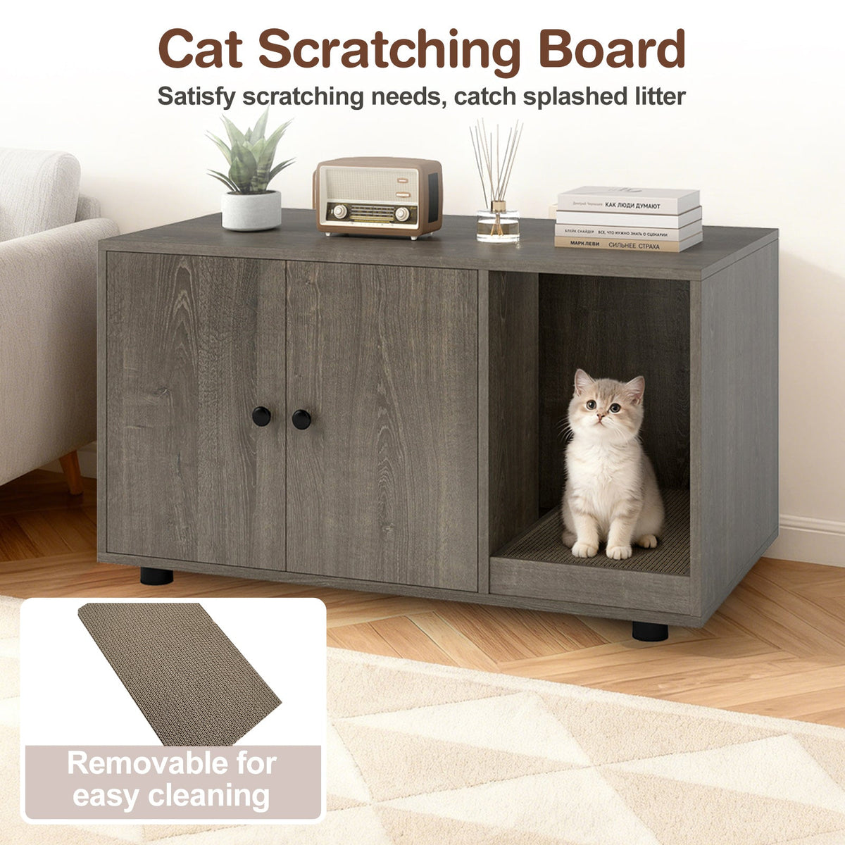 Wooden Cat Litter Box Enclosure Hidden Litter Box Furniture with Scratching Board 19