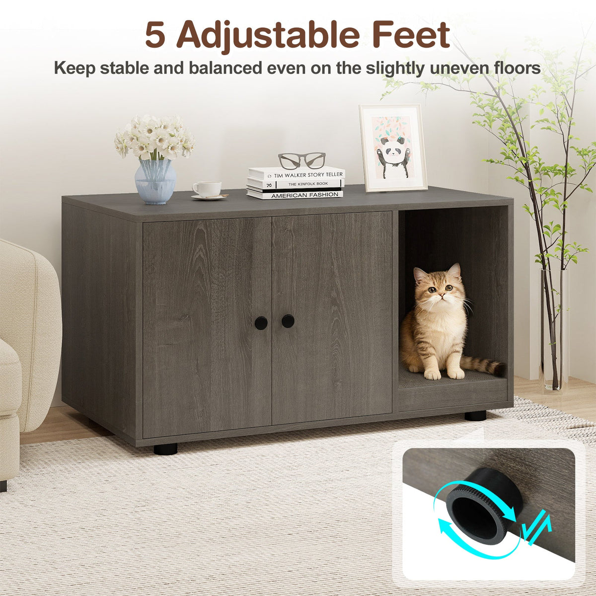 Wooden Cat Litter Box Enclosure Hidden Litter Box Furniture with Scratching Board 22