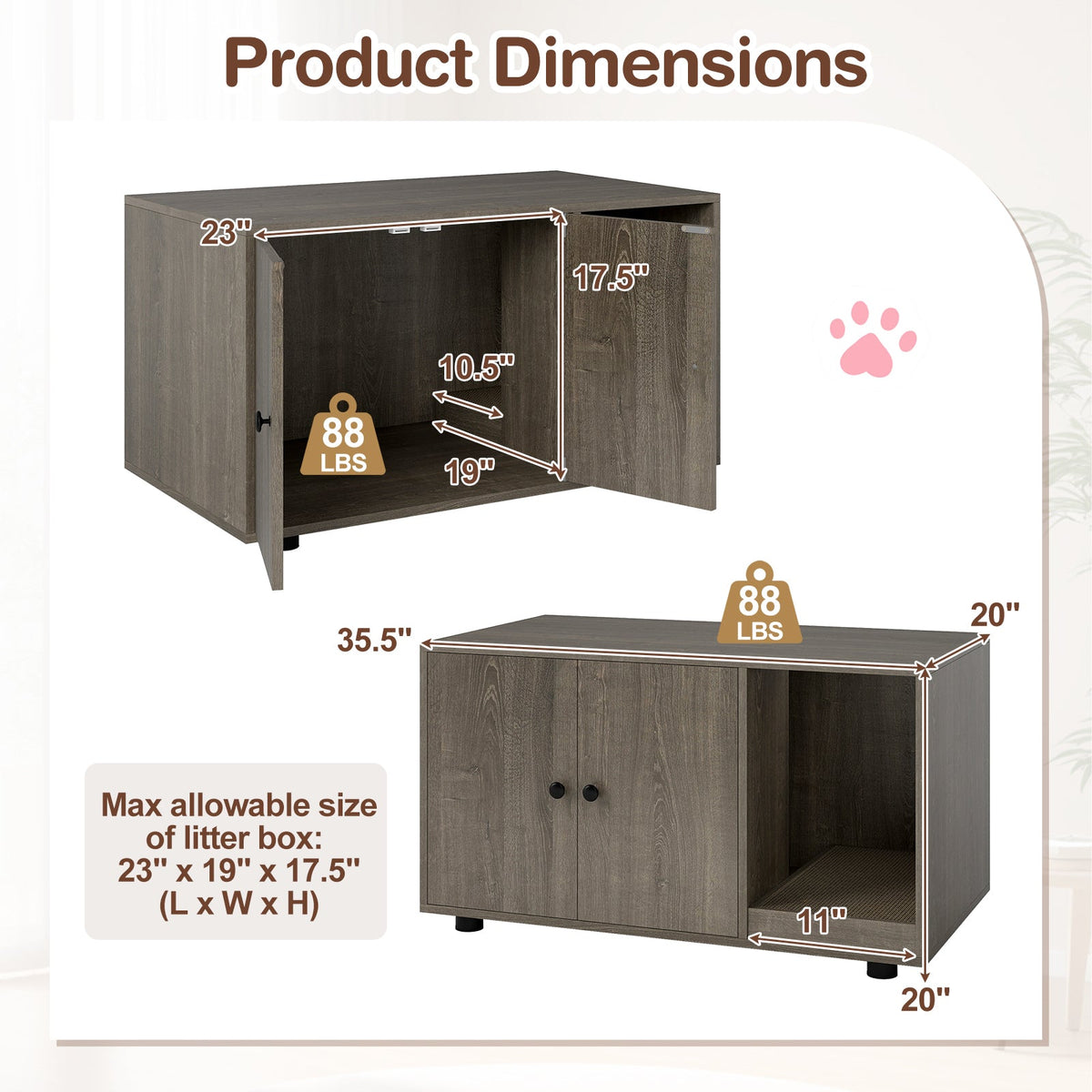 Wooden Cat Litter Box Enclosure Hidden Litter Box Furniture with Scratching Board 12