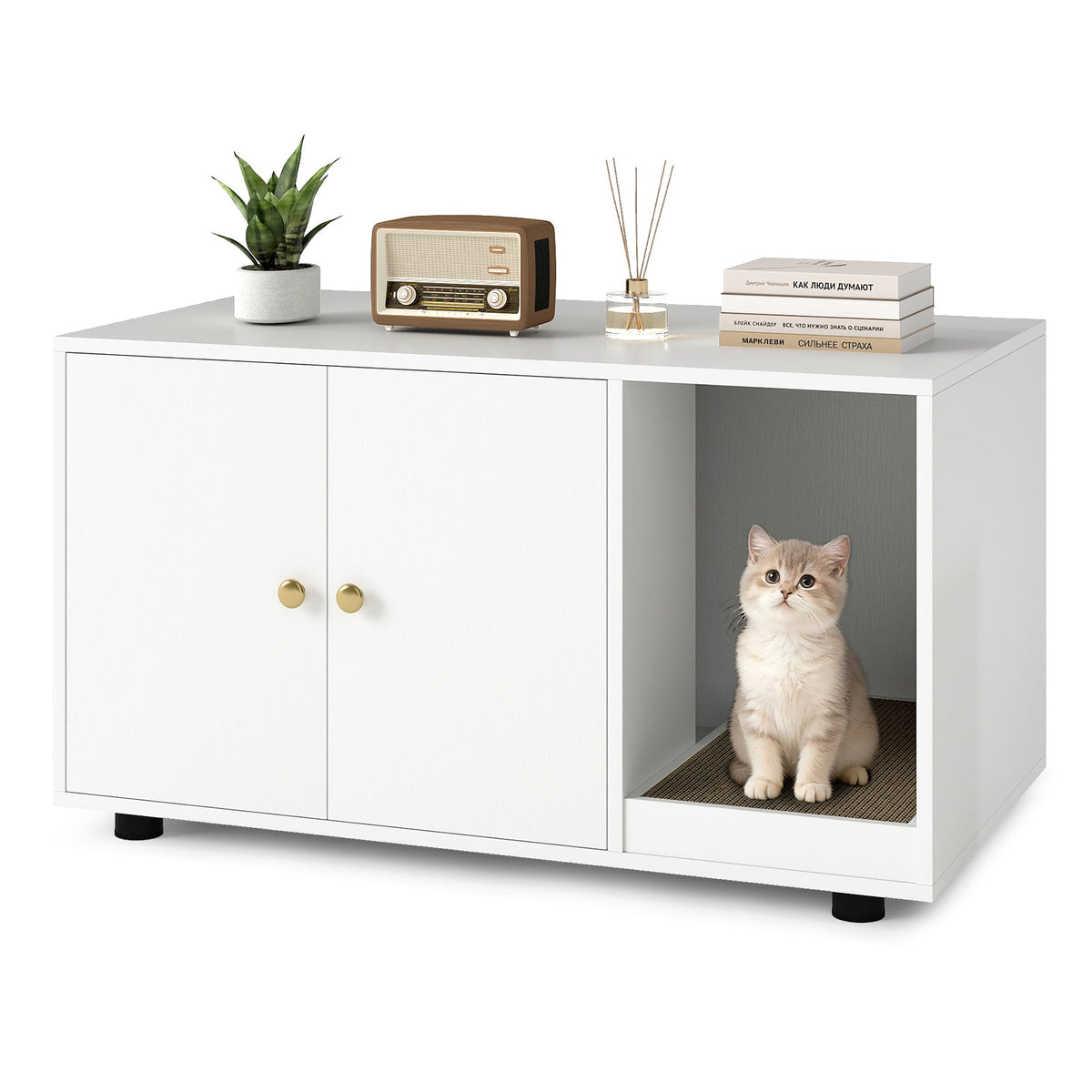 Wooden Cat Litter Box Enclosure Hidden Litter Box Furniture with Scratching Board 7