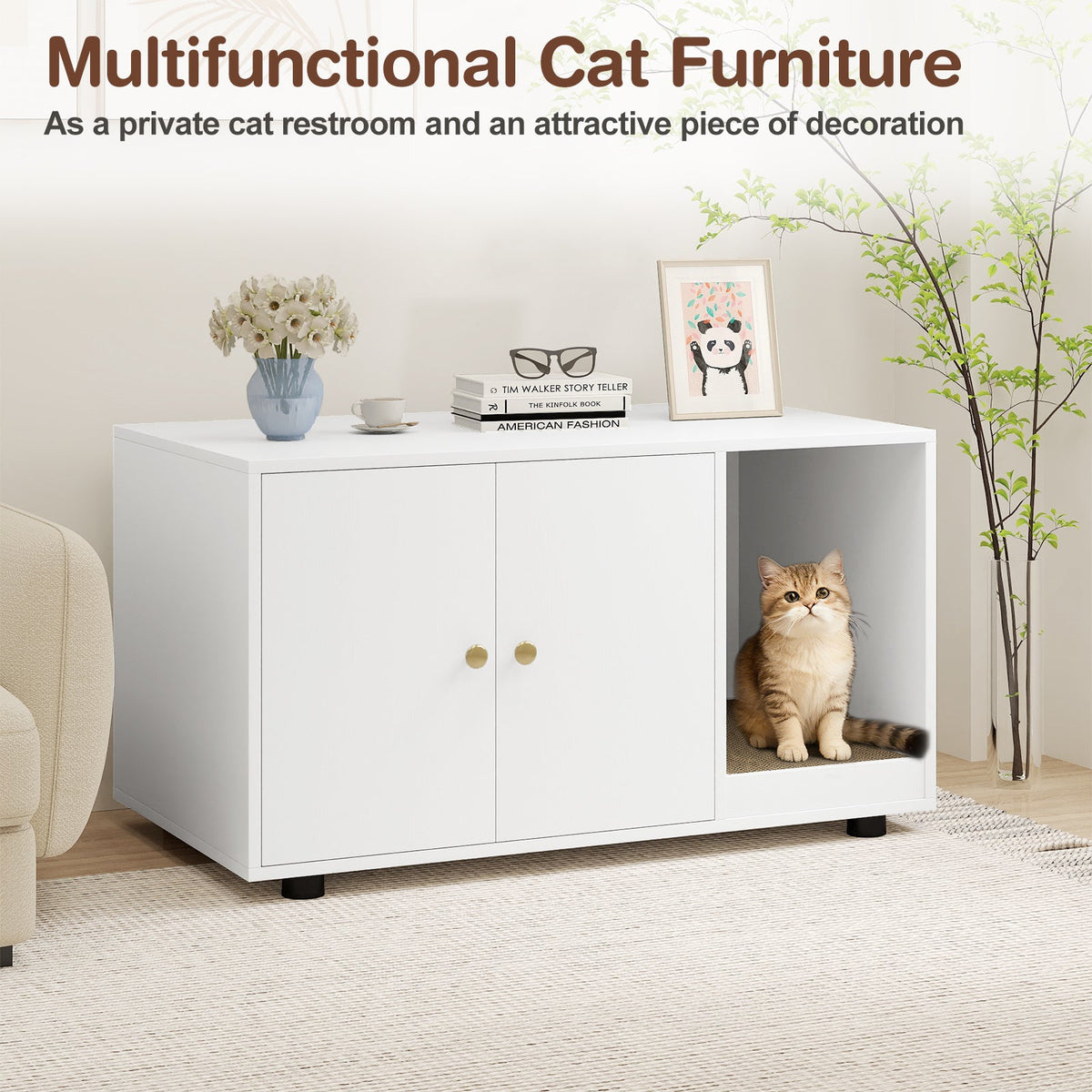 Wooden Cat Litter Box Enclosure Hidden Litter Box Furniture with Scratching Board 15