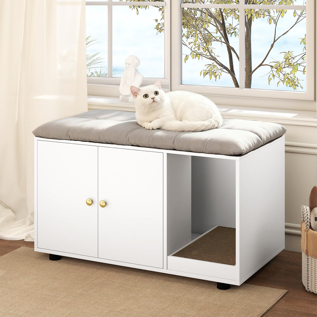 Wooden Cat Litter Box Enclosure Hidden Litter Box Furniture with Scratching Board 1