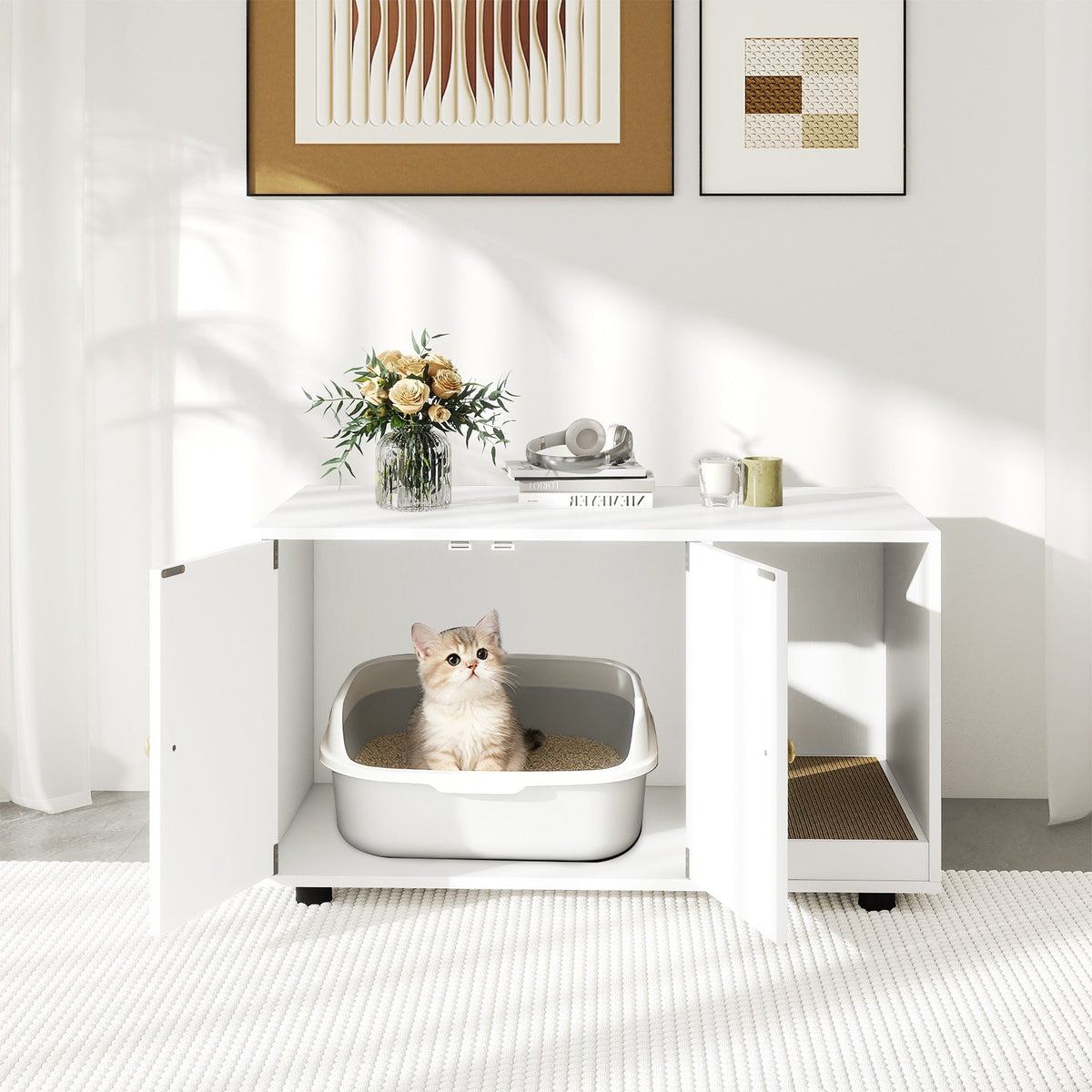 Wooden Cat Litter Box Enclosure Hidden Litter Box Furniture with Scratching Board 4
