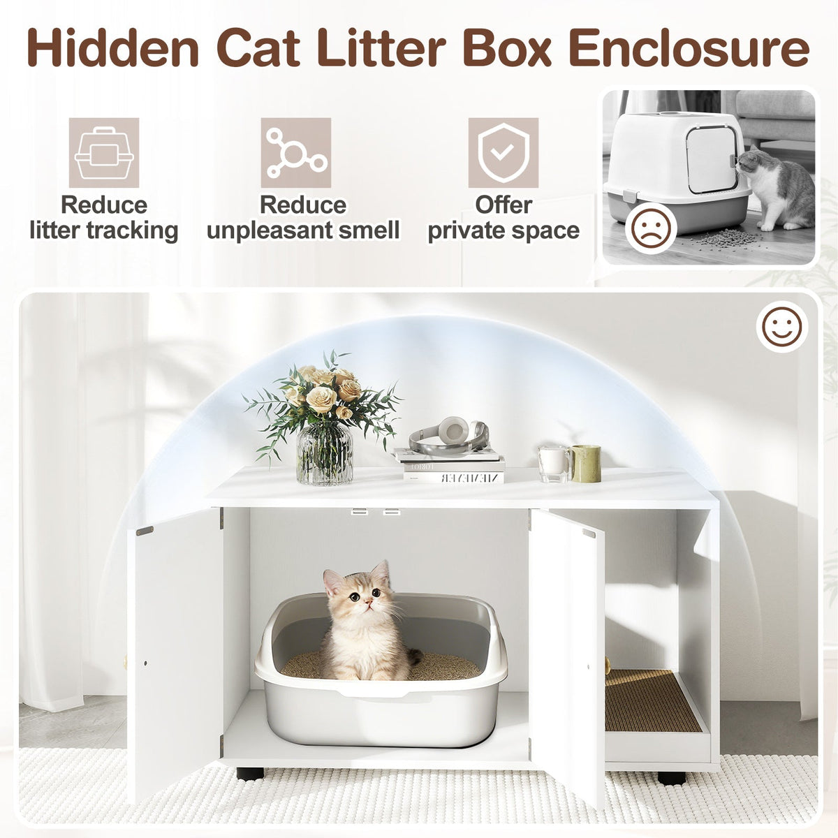 Wooden Cat Litter Box Enclosure Hidden Litter Box Furniture with Scratching Board 17