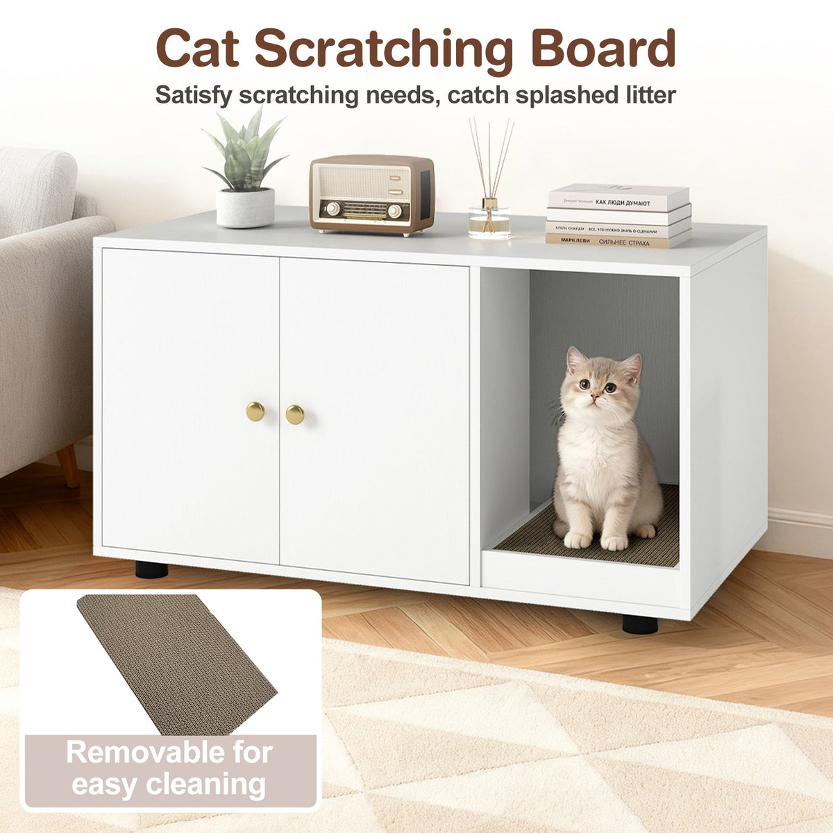 Wooden Cat Litter Box Enclosure Hidden Litter Box Furniture with Scratching Board 20